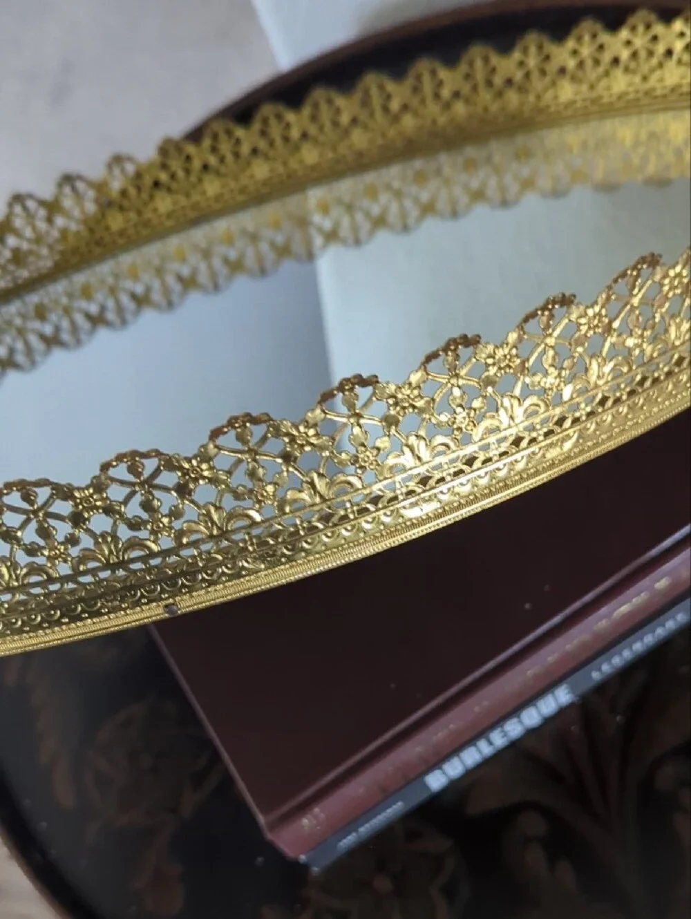 Vintage Ornate Gold Filigree Oval Mirror Vanity Tray